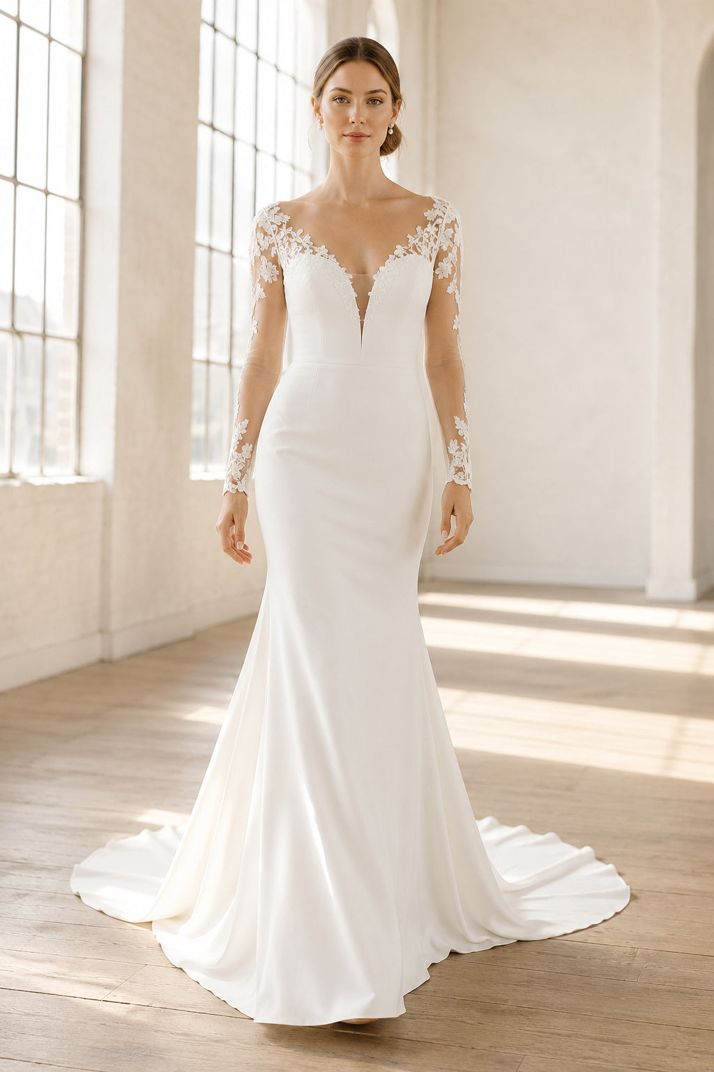 Wedding Sheath Satin Dress with V-Neck Lace Sleeves and Chapel Train front view