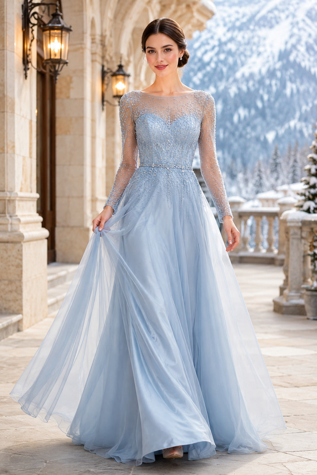 Sky Blue Long Sleeve Tulle A-Line Formal Dress with Lace Bodice front view