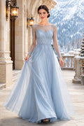 Sky Blue Long Sleeve Tulle A-Line Formal Dress with Lace Bodice front view