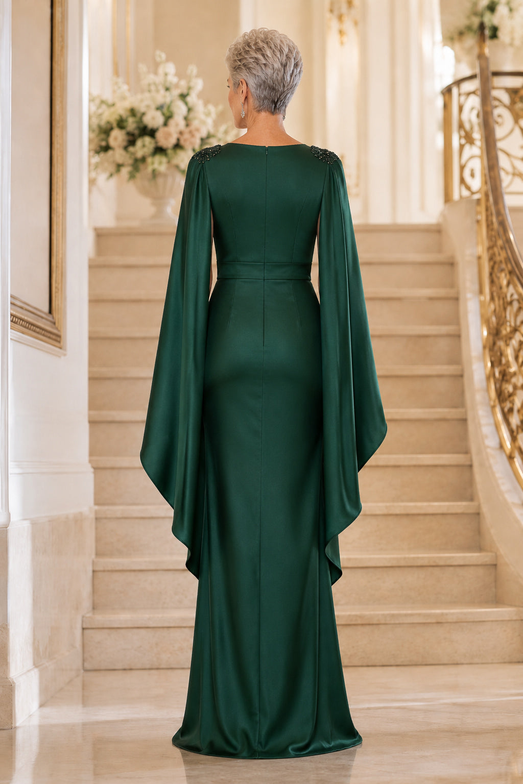 Dark Green V-Neck Sheath Mother Dress with Cape Sleeves and Draped Skirt for Evening Reception back view
