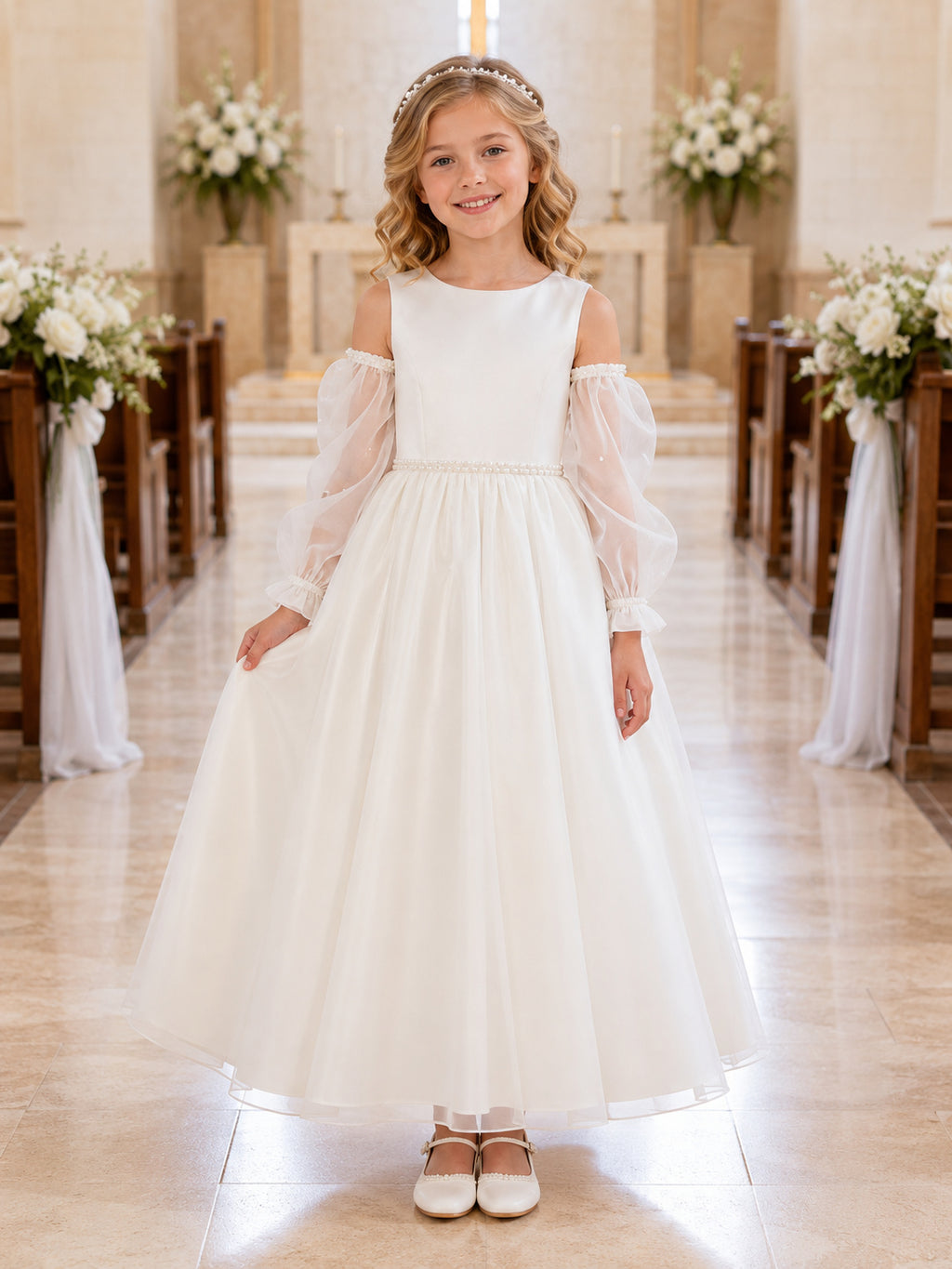 White Detachable Tulle Cape Sleeve Communion Flowergirl Ceremony Dress front view