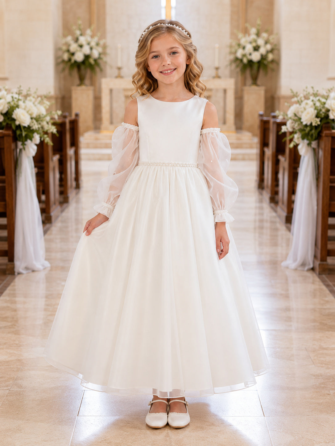White Detachable Tulle Cape Sleeve Communion Flowergirl Ceremony Dress front view