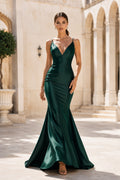 Dark Green Satin V-Neck Mermaid Evening Dress with Front Slit front view