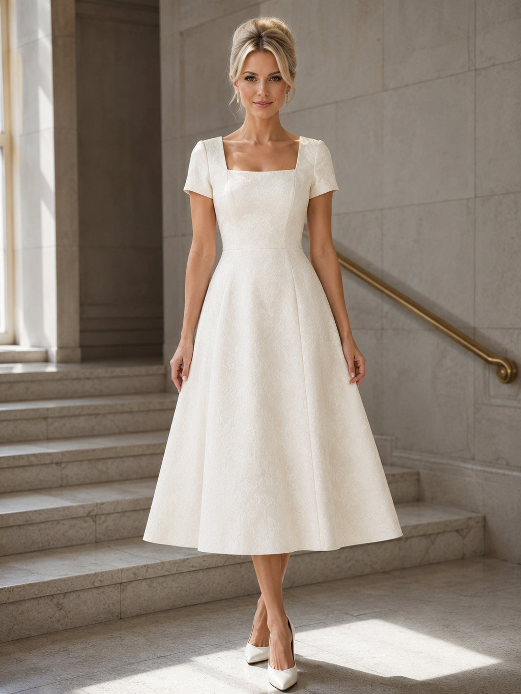 Tailored Square Neck Short Sleeve Satin A-Line Tea-Length Courthouse Wedding Dress front view