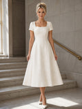 Tailored Square Neck Short Sleeve Satin A-Line Tea-Length Courthouse Wedding Dress front view