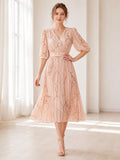 Blush Line Art V Neck Puff Sleeve Midi Dress front view