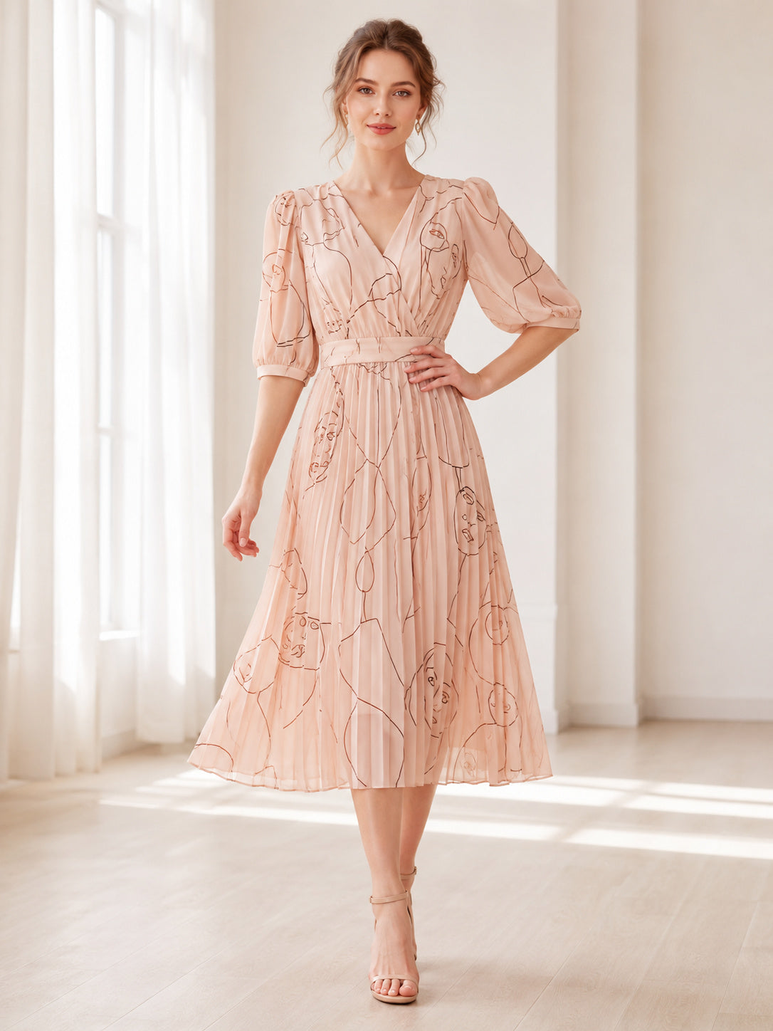 Blush Line Art V Neck Puff Sleeve Midi Dress front view
