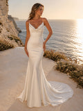Satin Cowl Neck Spaghetti Strap Coastal Elopement Dress front view