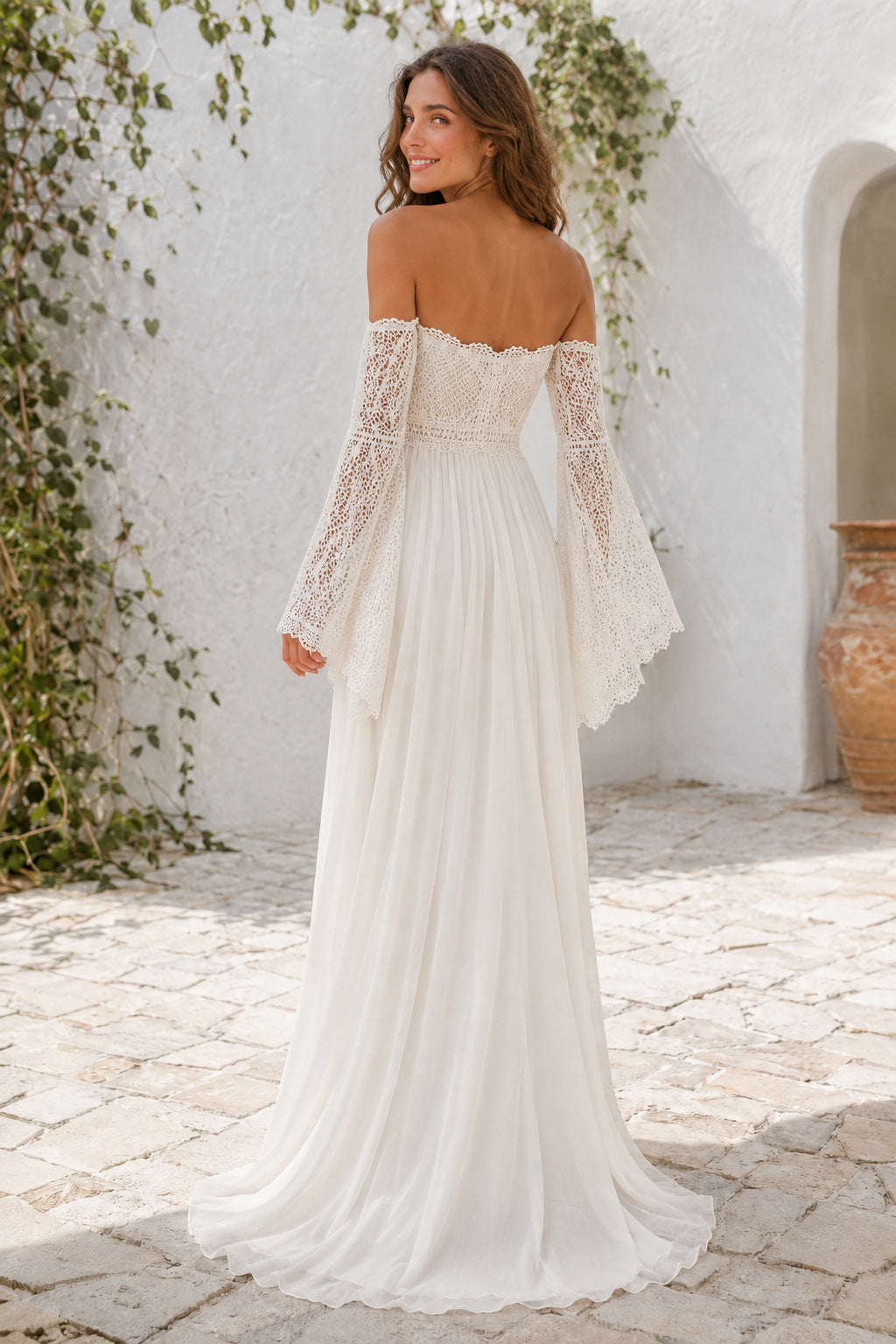 Off the Shoulder Long Sleeve A-Line Wedding Dress with Lace Bodice and Chiffon Train back view