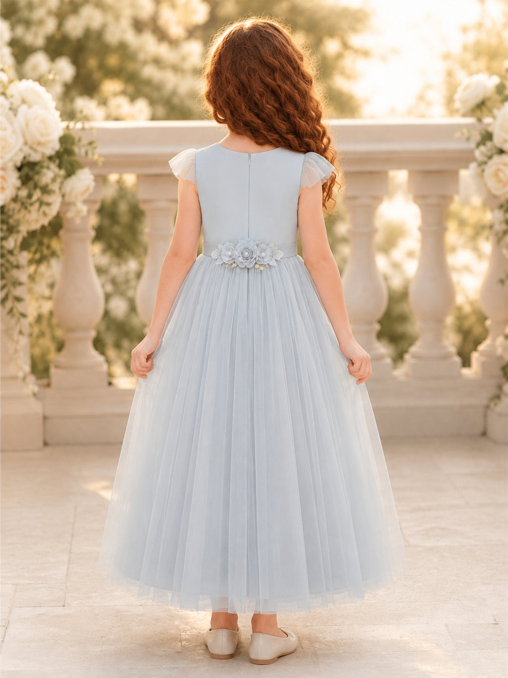 Blue Flower Waist Tulle A-Line Flower Girl Dress with Short Sleeves, Jewel Neck and Tea-Length Skirt back view
