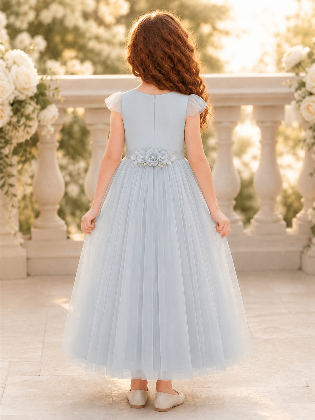 Blue Flower Waist Tulle A-Line Flower Girl Dress with Short Sleeves, Jewel Neck and Tea-Length Skirt back view