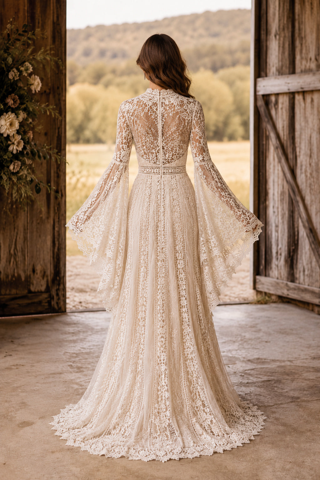 Ivory Bateau Long Sleeve Lace A-Line Wedding Dress Chapel Train for Wedding Ceremony and Reception back view