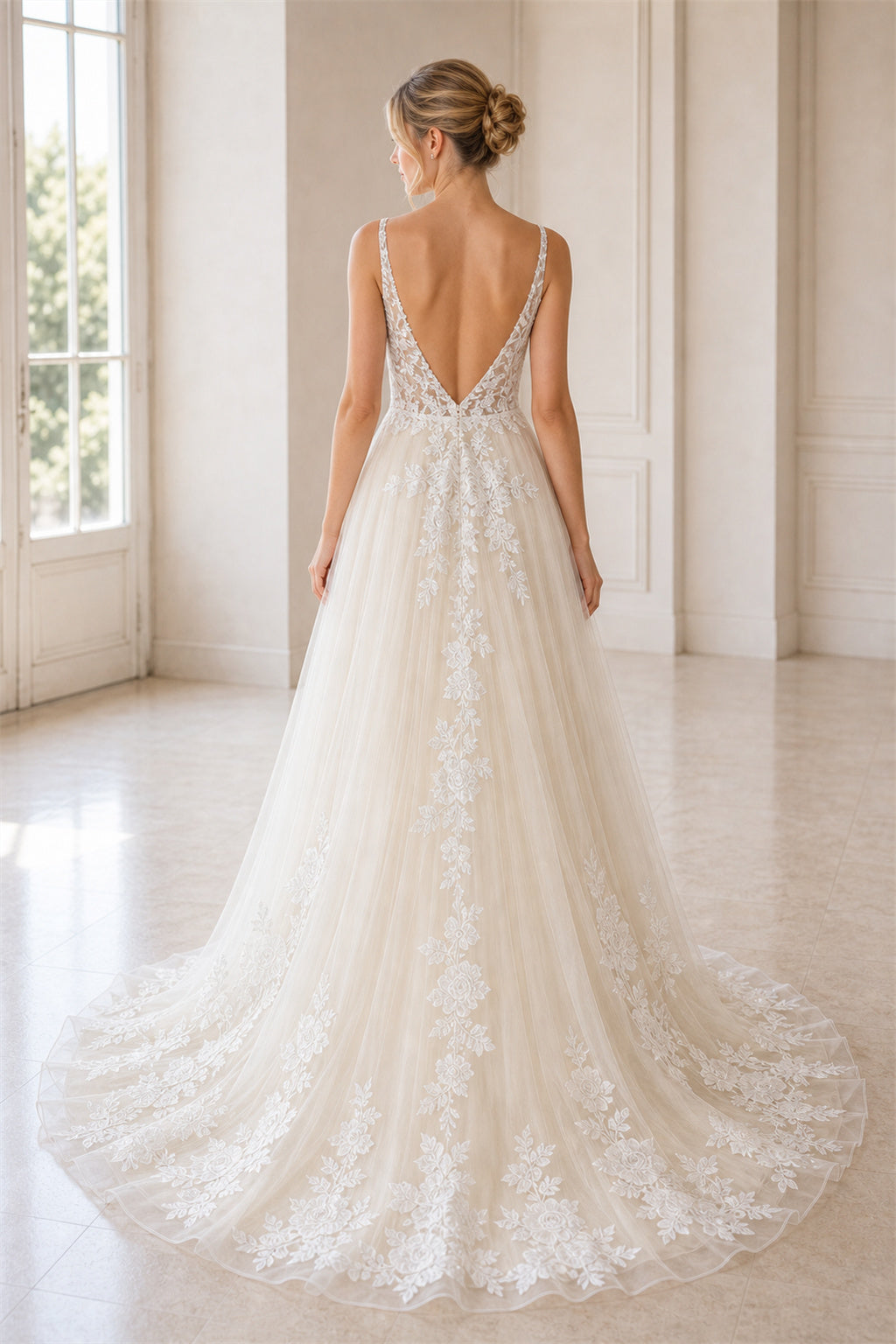 White Off-the-shoulder A-Line Lace Floor-length Wedding Dress With Lace and Beaded Waist and Open Back