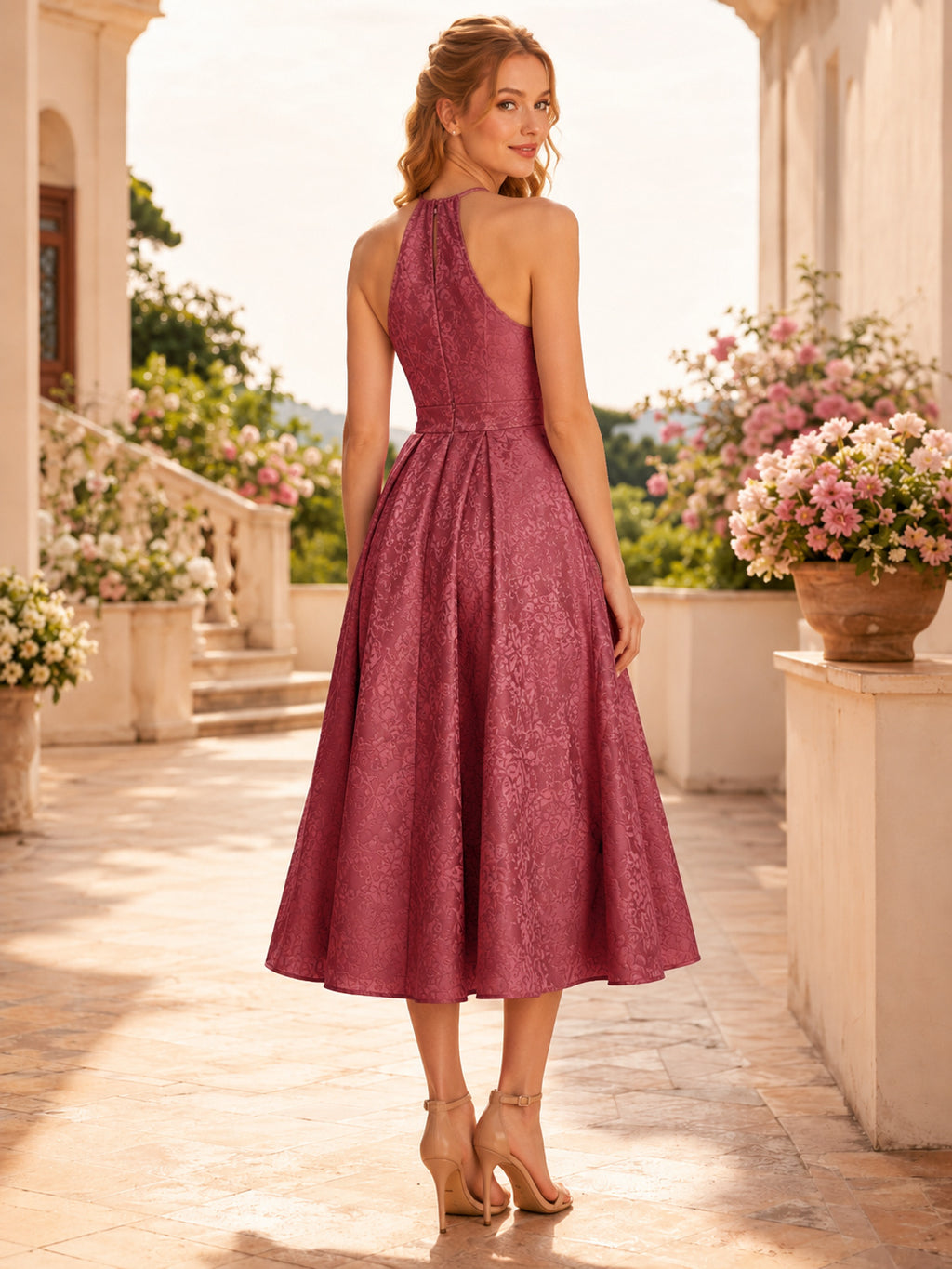 Dusty Rose High Halter Jacquard A-Line Tea Wedding Guest Dress back view
