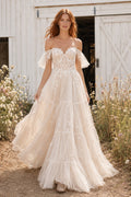 Ivory Off-the-Shoulder Lace A-Line Wedding Dress with Flutter Sleeves and Layered Tulle Skirt front view