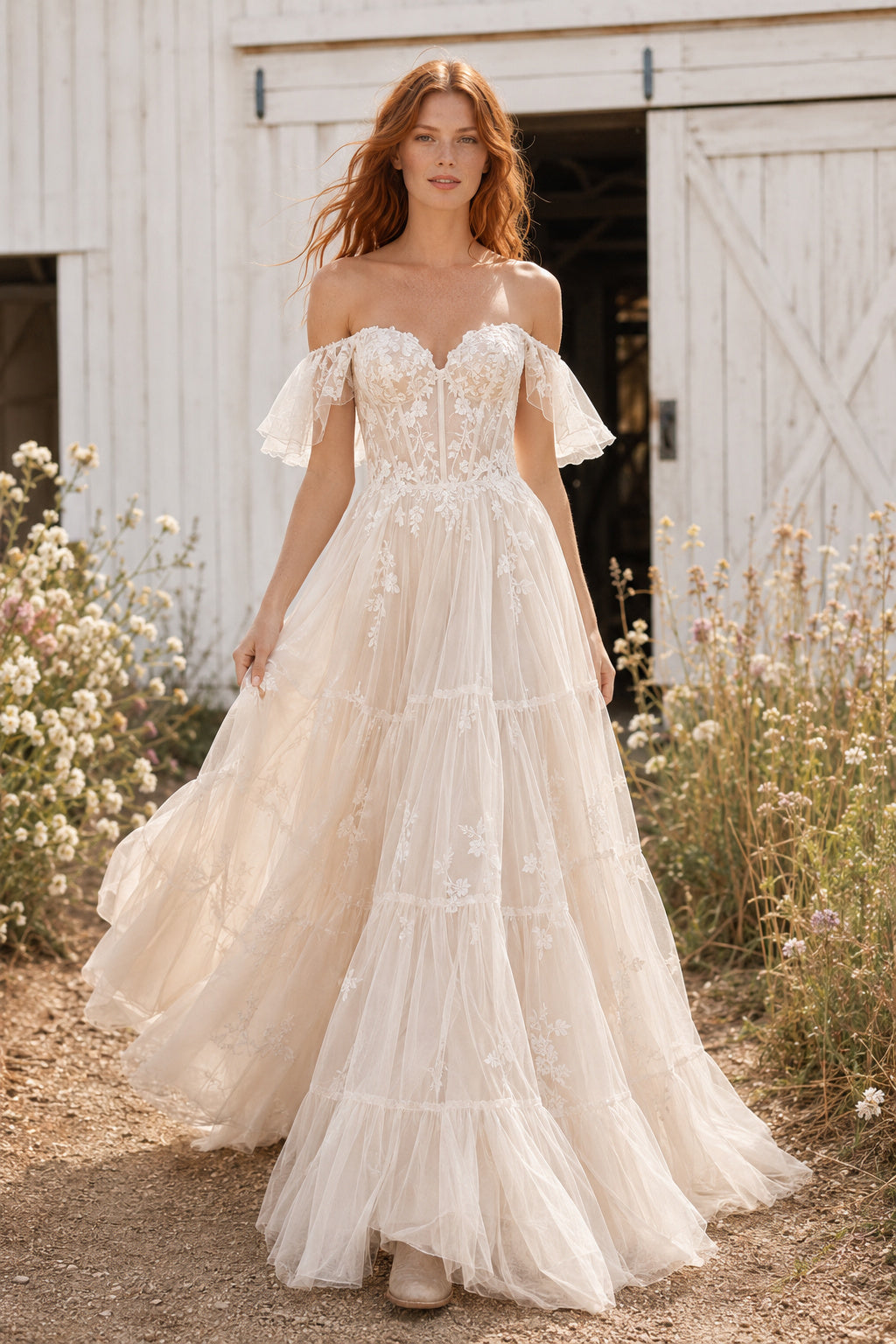 Ivory Off-the-Shoulder Lace A-Line Wedding Dress with Flutter Sleeves and Layered Tulle Skirt front view