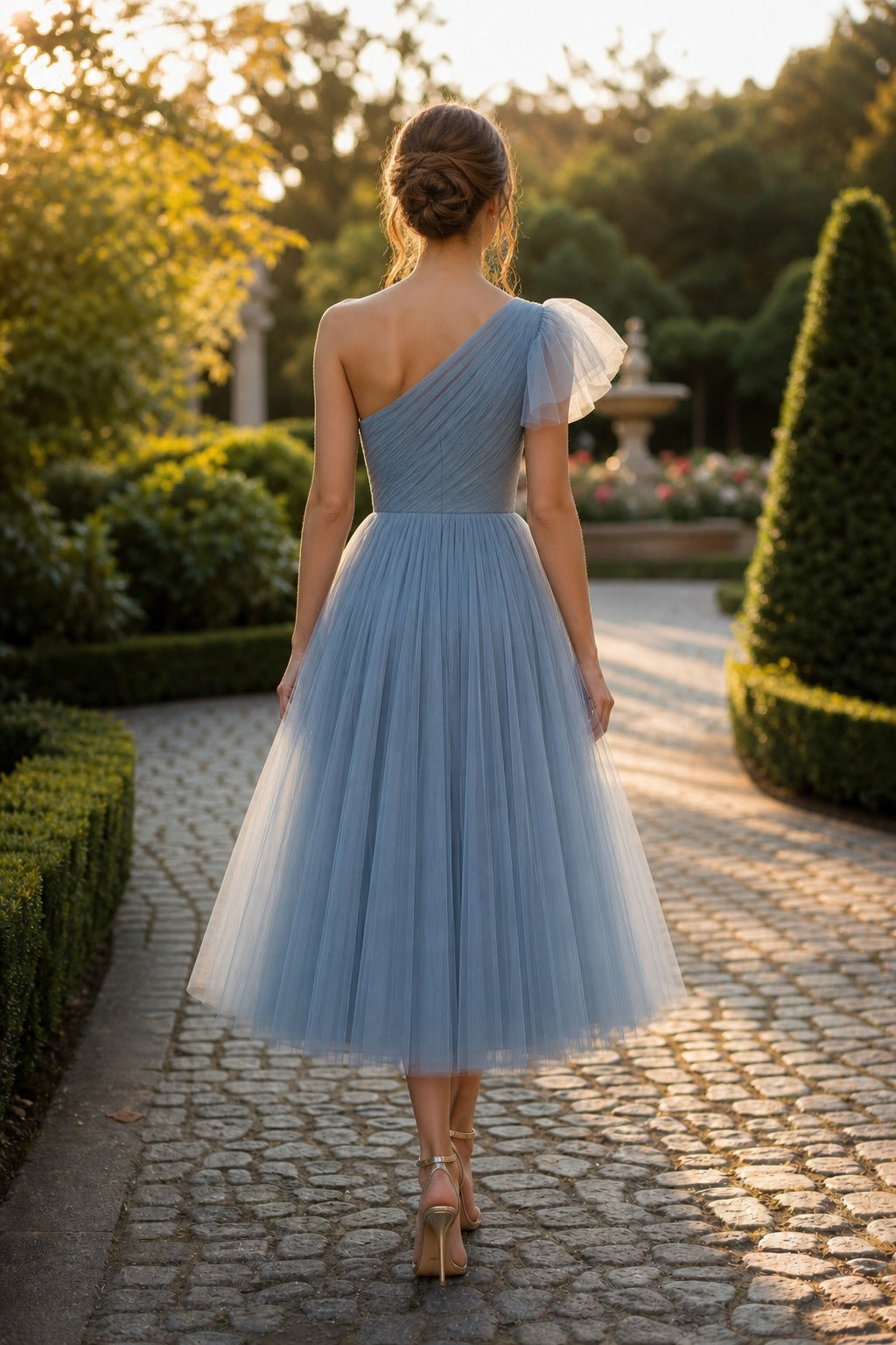 Light Blue One-Shoulder Tea-Length Tulle A-Line Dress