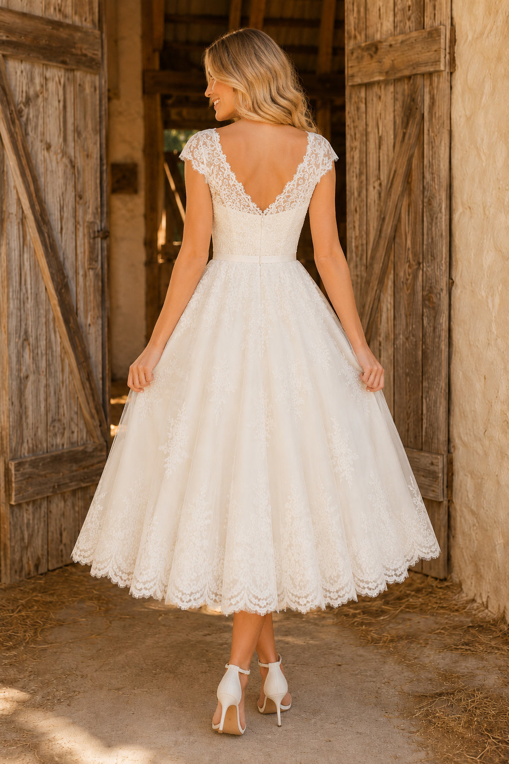 V-Neck Tulle Tea-Length Wedding Dress with Lace Bodice back view