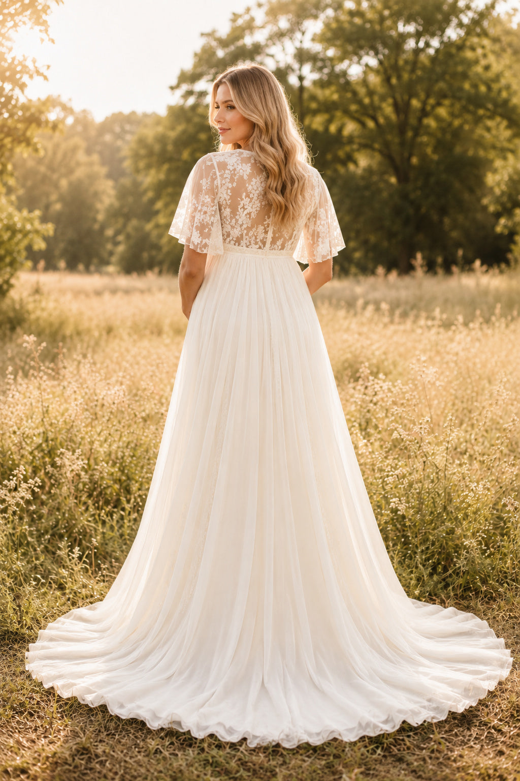 Ivory Maternity V-Neck Flutter Sleeve Chiffon A-Line Wedding Dress with Soft Train back view