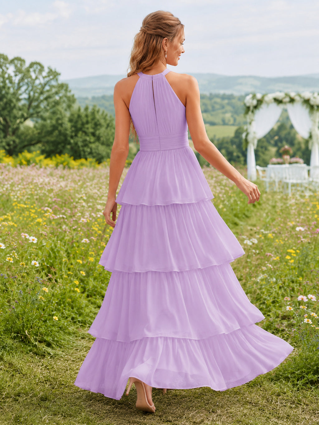 Lilac High Halter Tiered Chiffon Ankle Length Guest Dress back view
