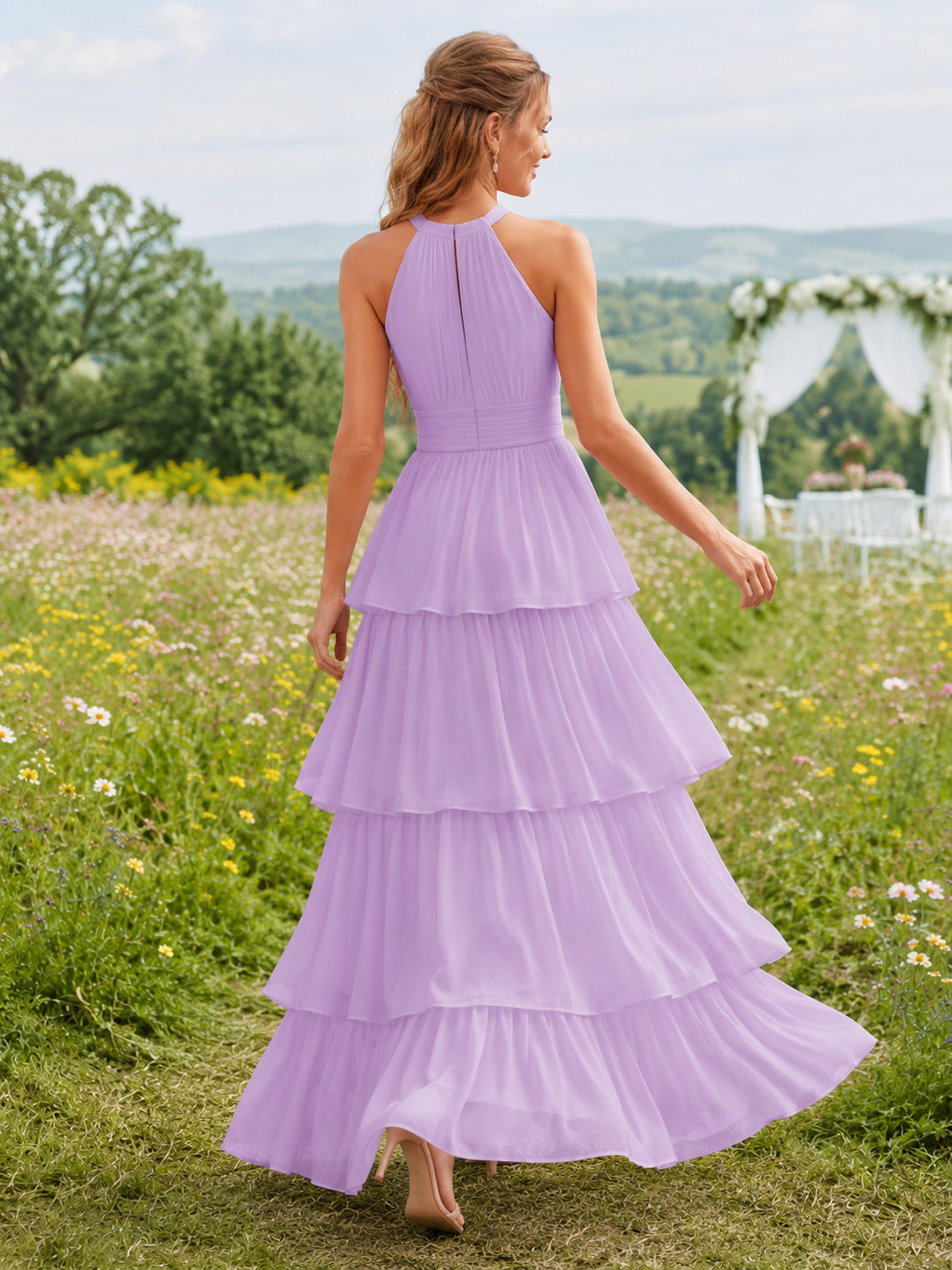 Lilac High Halter Tiered Chiffon Ankle Length Guest Dress back view
