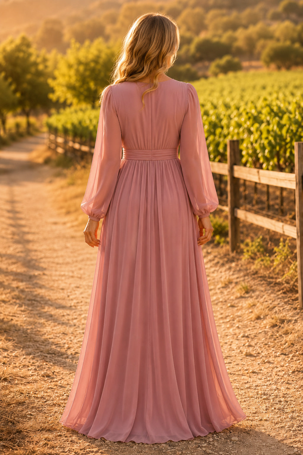 Dusty Rose Long Sleeve Chiffon Bridesmaid Dress with V-Neck Ruched Waist and Sash back view
