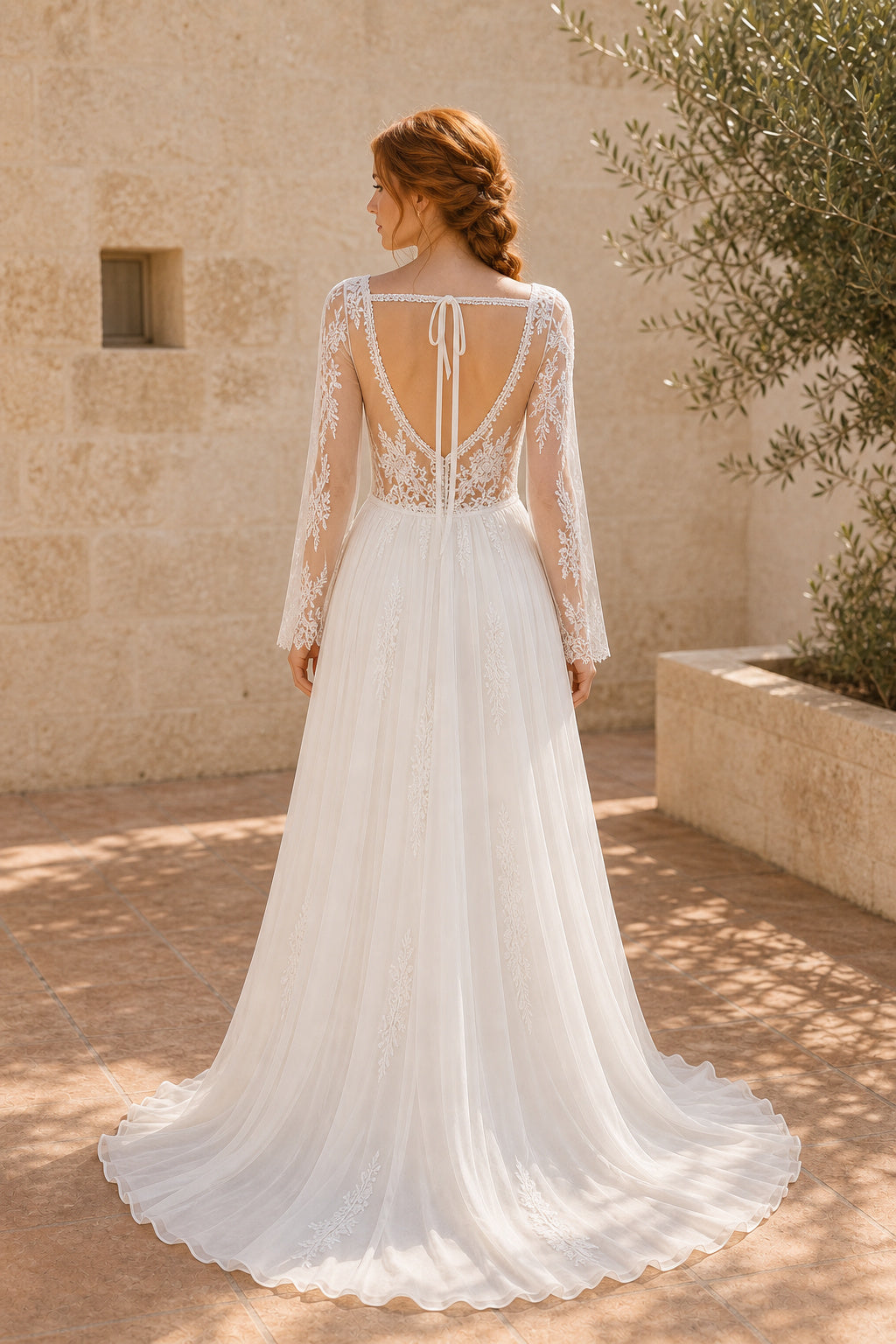 White Halter A-Line Chiffon Floor-length Wedding Dress With Pleated Skirt and Layered Skirt and Open Back Lace Hem Detail