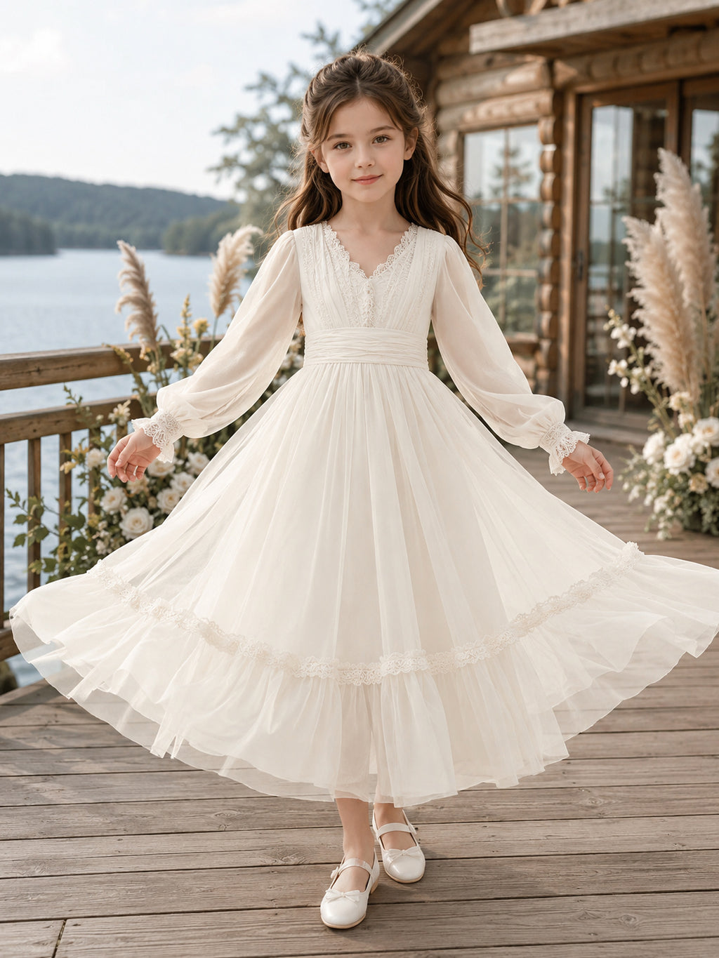 Flower Girl Dress A-Line Cream Long Sleeve Chiffon Ruffle Cabin Formal front view