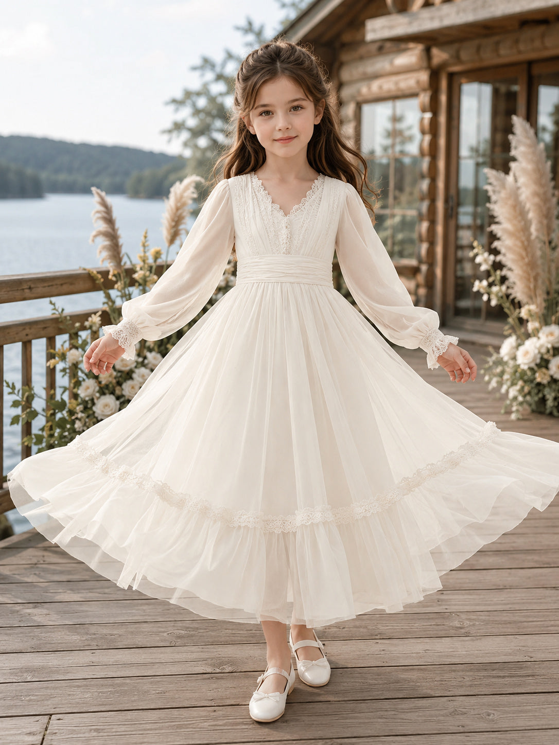 Flower Girl Dress A-Line Cream Long Sleeve Chiffon Ruffle Cabin Formal front view