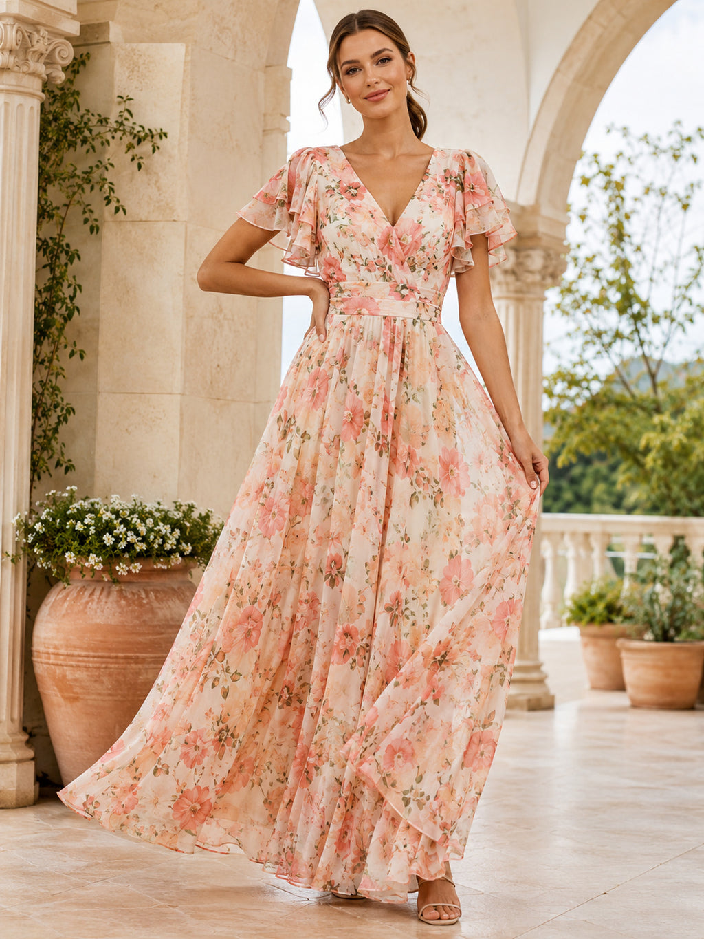 Coral Floral Flutter Sleeve Chiffon Resort Maxi Dress front view