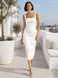 White Square Neck Wide Strap Pencil Party Midi Dress front view