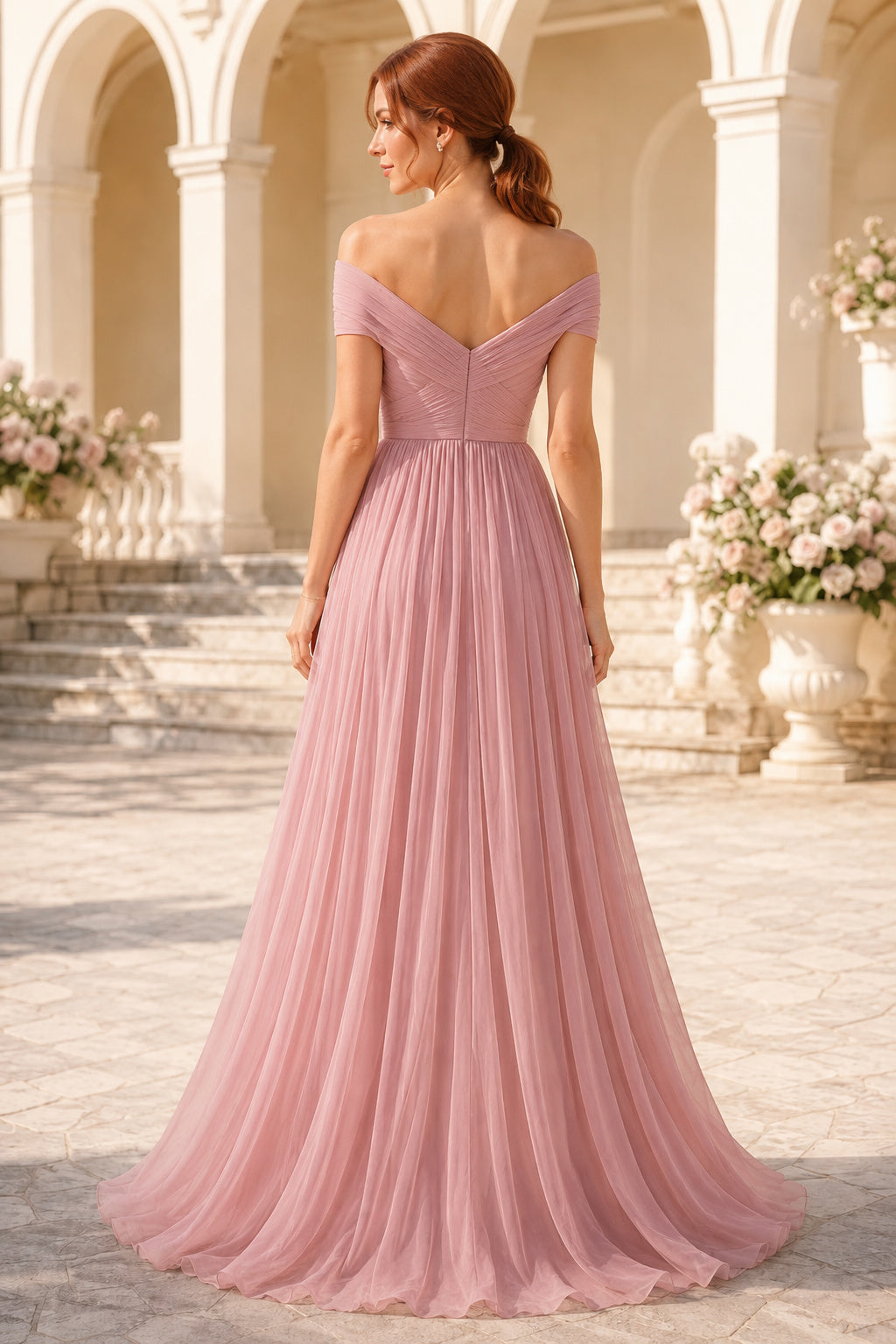 Dusty Rose Off-the-Shoulder Tulle A-Line Bridesmaid Dress with Sweetheart Neck and Soft Skirt back view