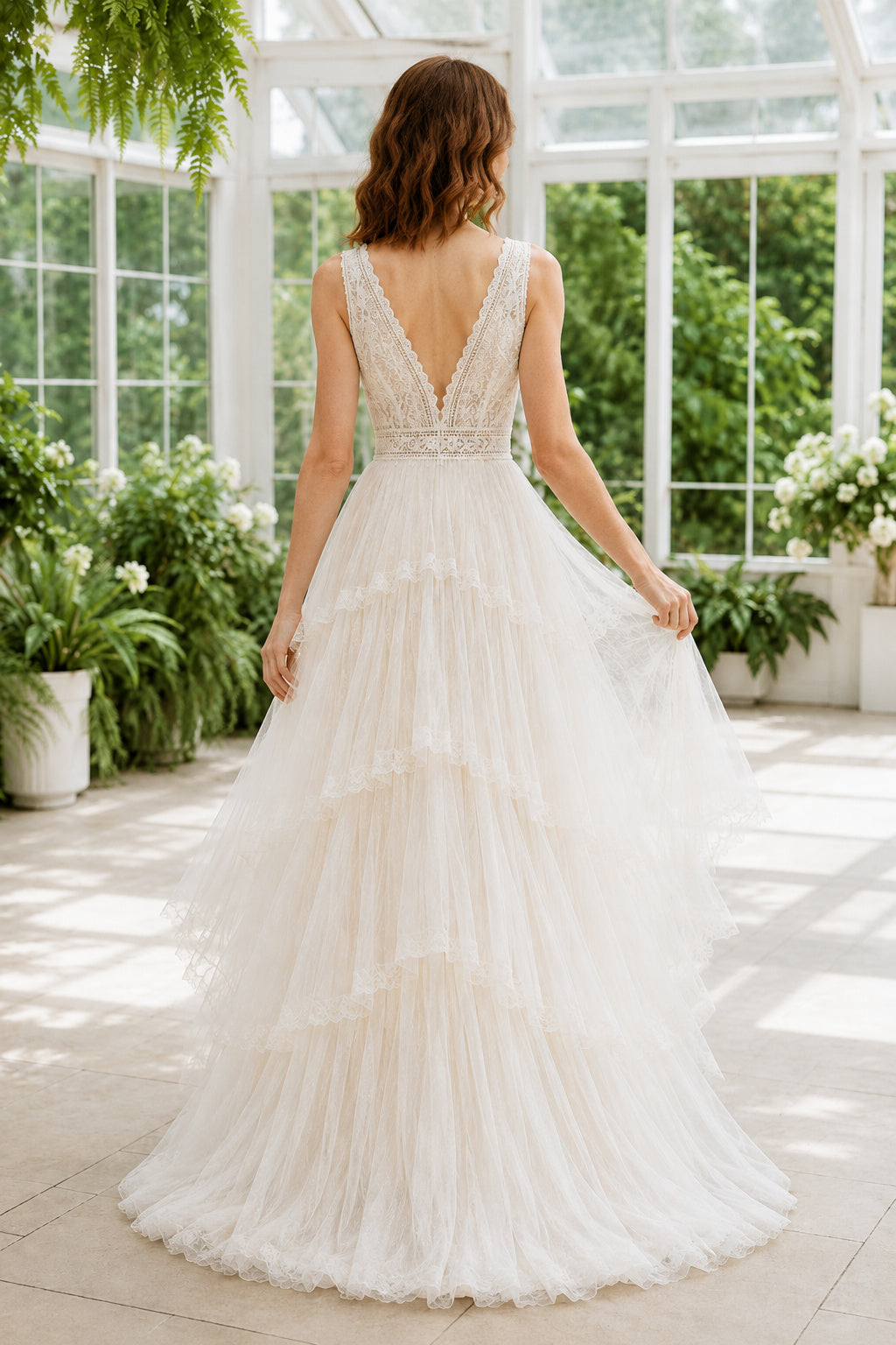 Ivory Plunging V-Neck Tiered Tulle A-Line Wedding Dress with Floral Straps back view