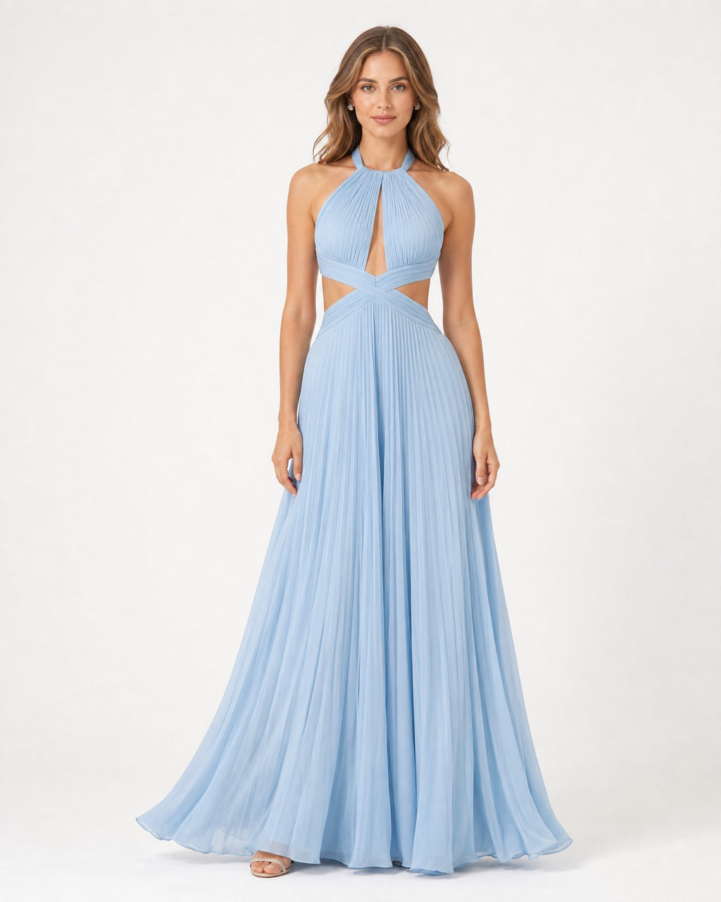Light Blue Halter Keyhole Floor-Length Chiffon A-Line Dress