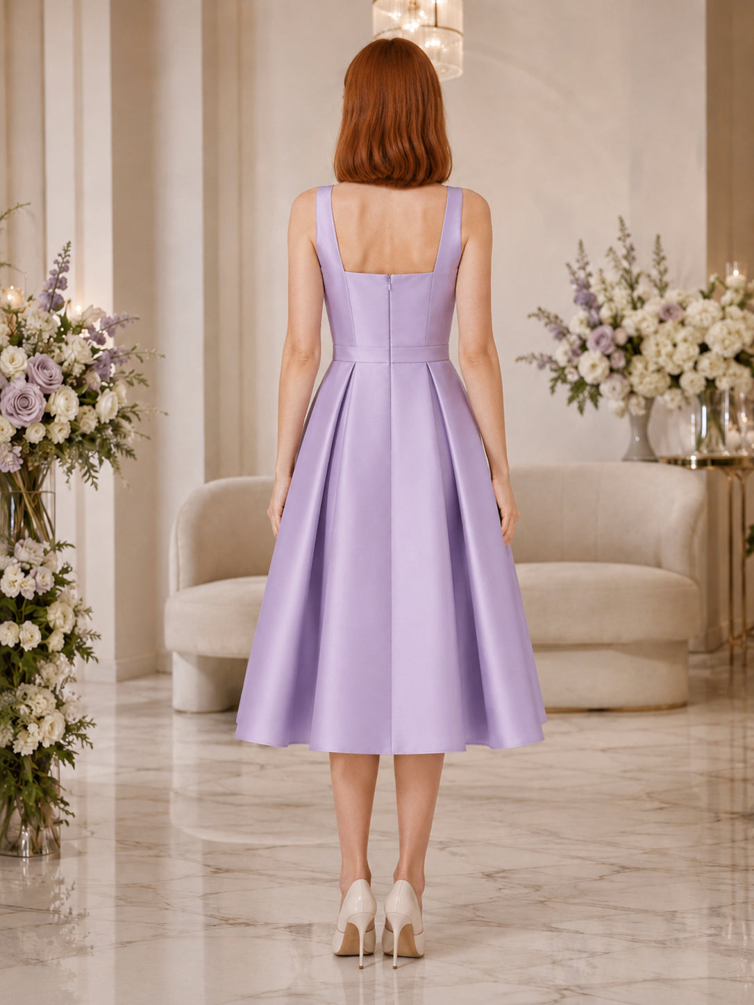 Lavender Square Neck Straps Pleated Satin Tea Length Wedding Dress back view