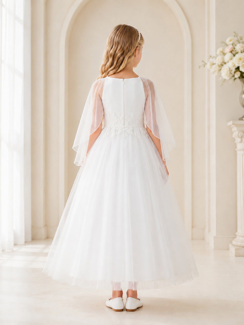 White Tulle Cape Jewel Neck Communion Flowergirl Ceremony Dress back view