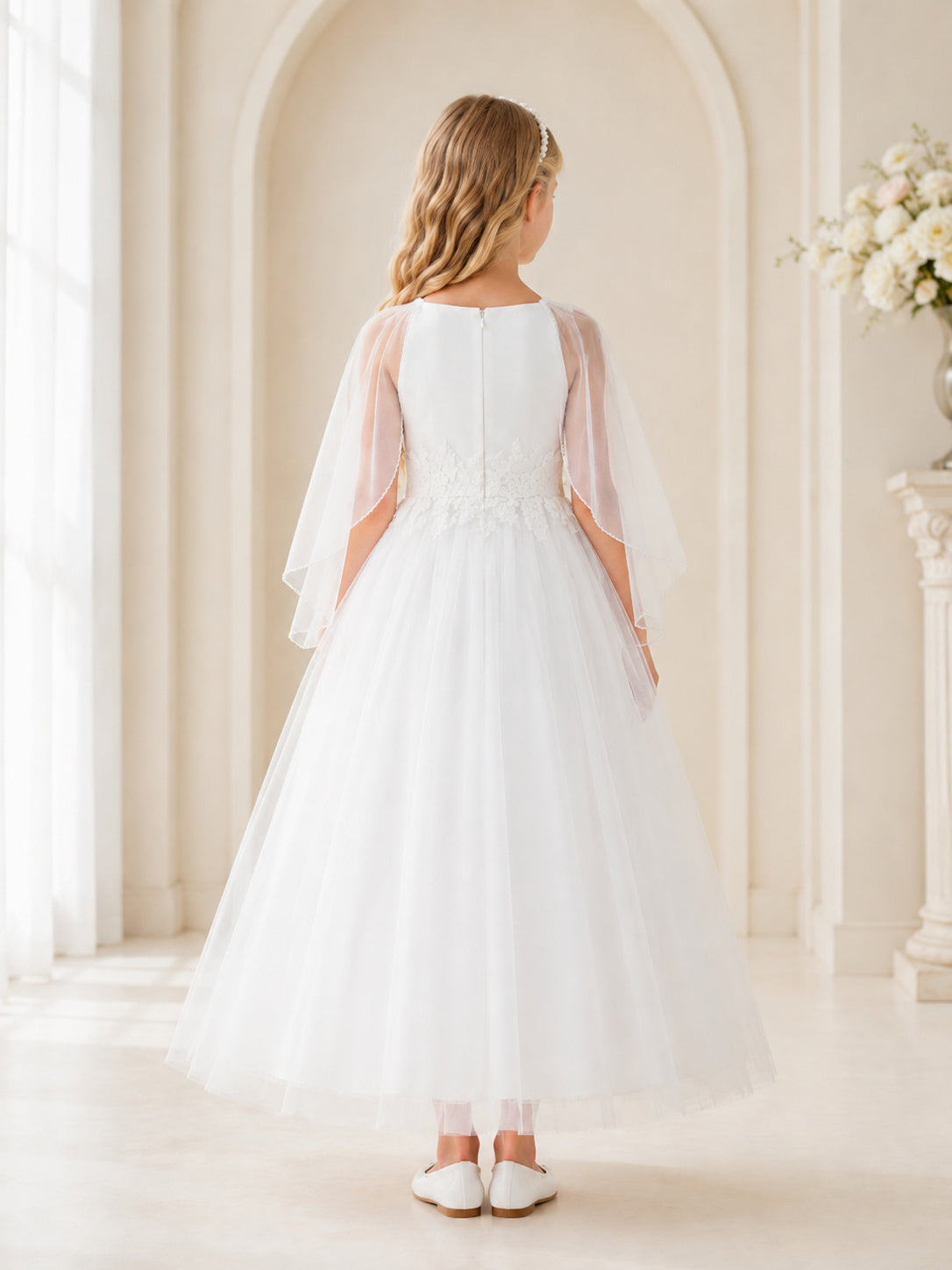 White Tulle Cape Jewel Neck Communion Flowergirl Ceremony Dress back view