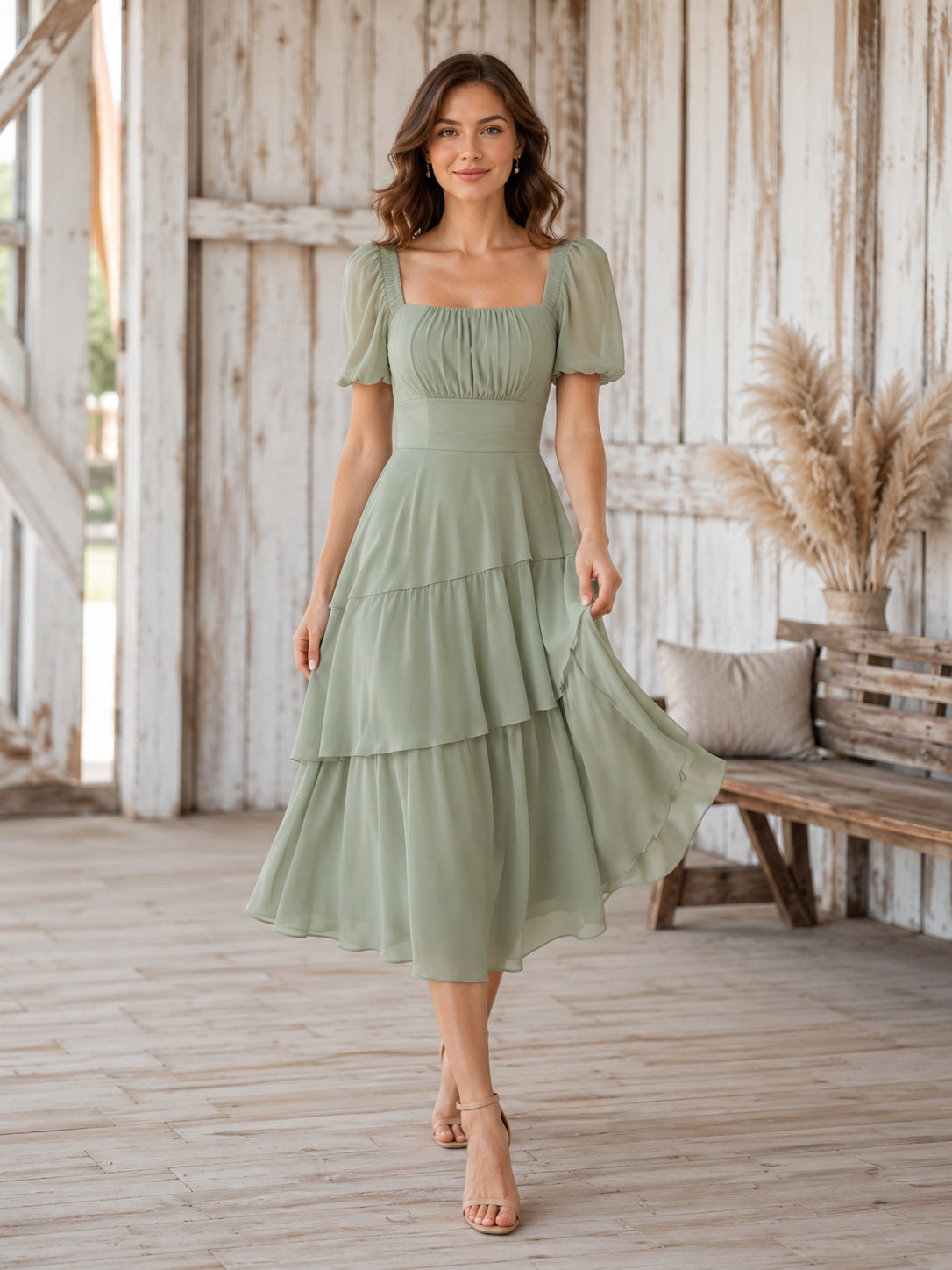Sage Square Neck Tiered Chiffon Country Bridesmaid Dress front view