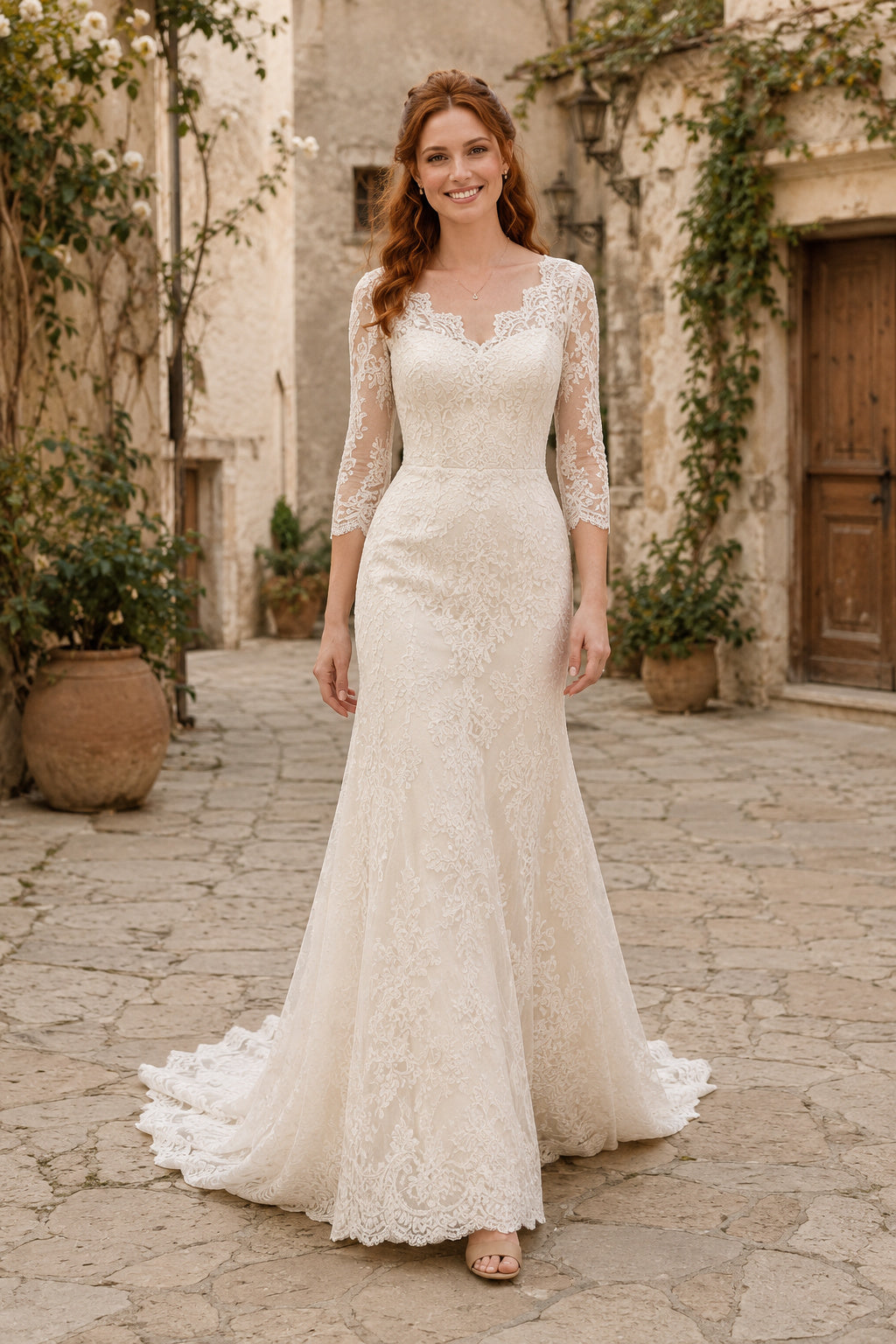 Ivory Romantic Scoop Neck Mermaid Allover Lace Wedding Dress with Long Lace Sleeves and Chapel Train front view