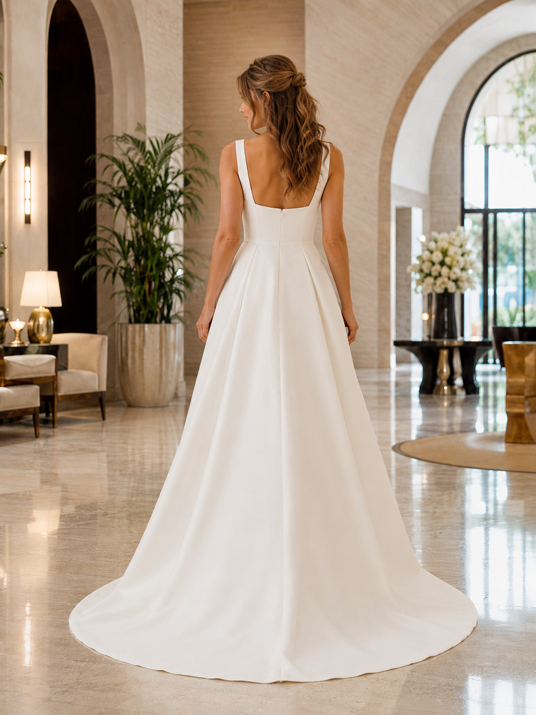 Minimalist Satin Wedding Dress A-Line Square Neck Sleeveless Court Train Bridal Gown back view