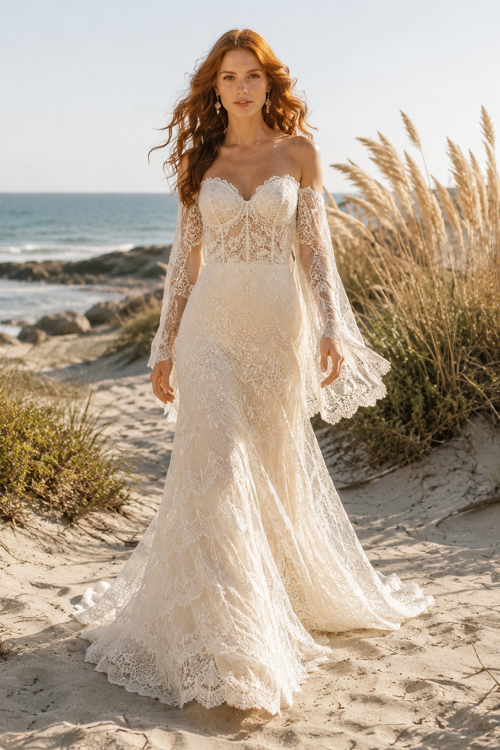 Ivory Off Shoulder Long Sleeve Lace Mermaid Wedding Dress Train for Bridal Ceremony and Reception front view