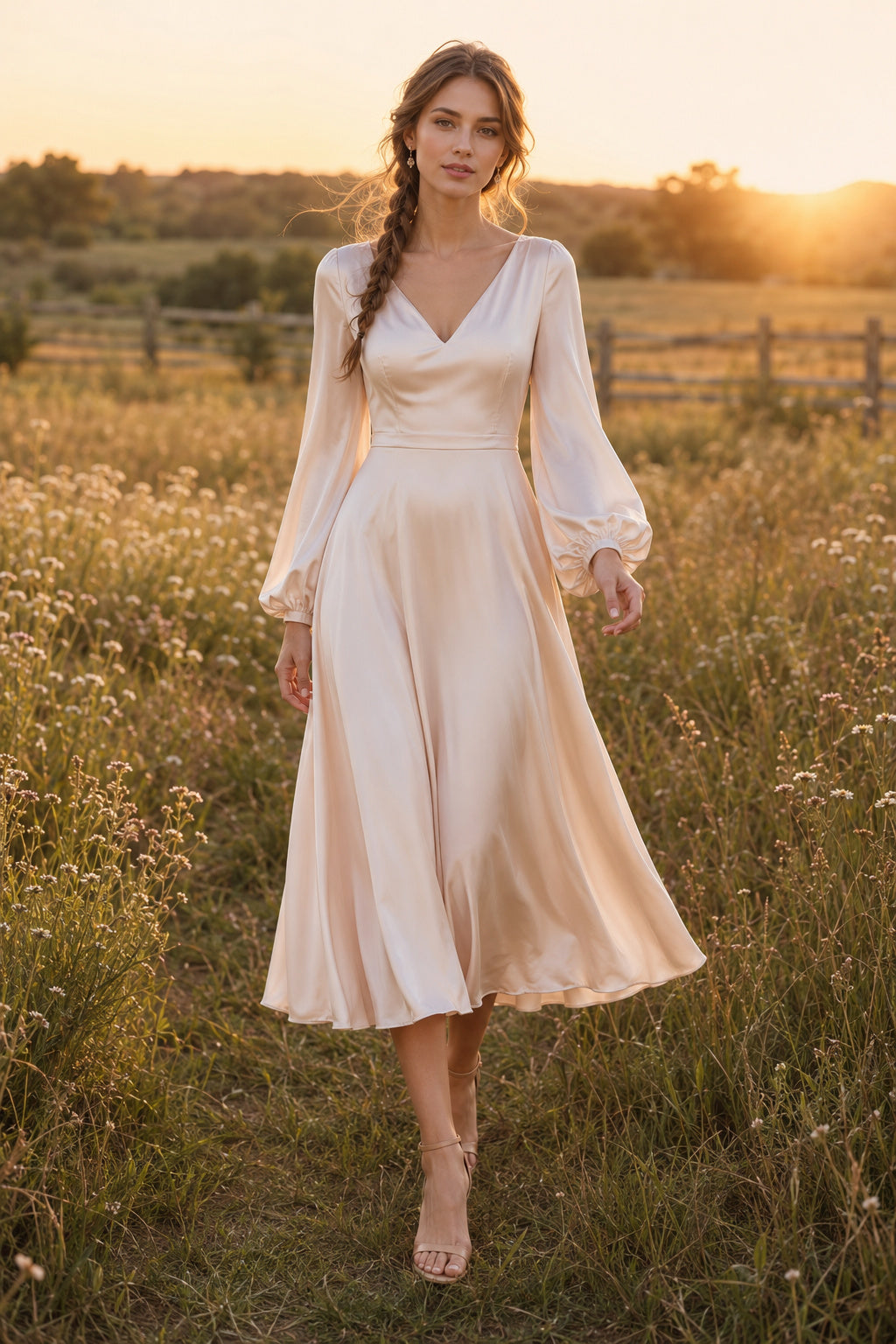 Champagne V-Neck Long Poet Sleeve Tea Length Wedding Dress for Wedding Reception and Party front view