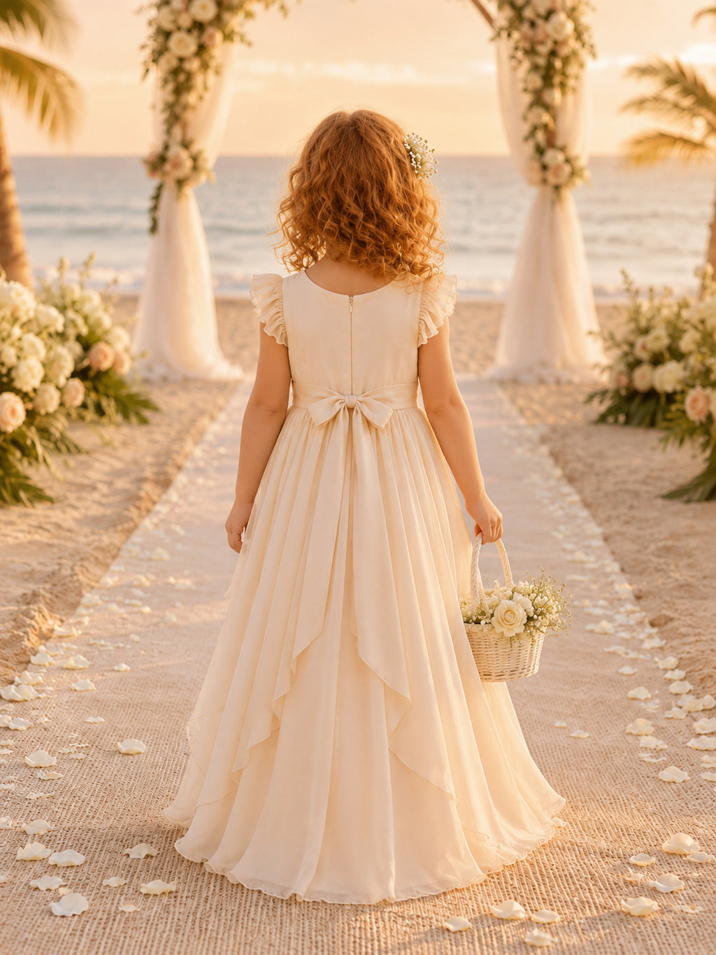 Flower Girl Dress Ivory Tulle Satin A-Line Scoop Neck Ankle Length Sash Detail back view