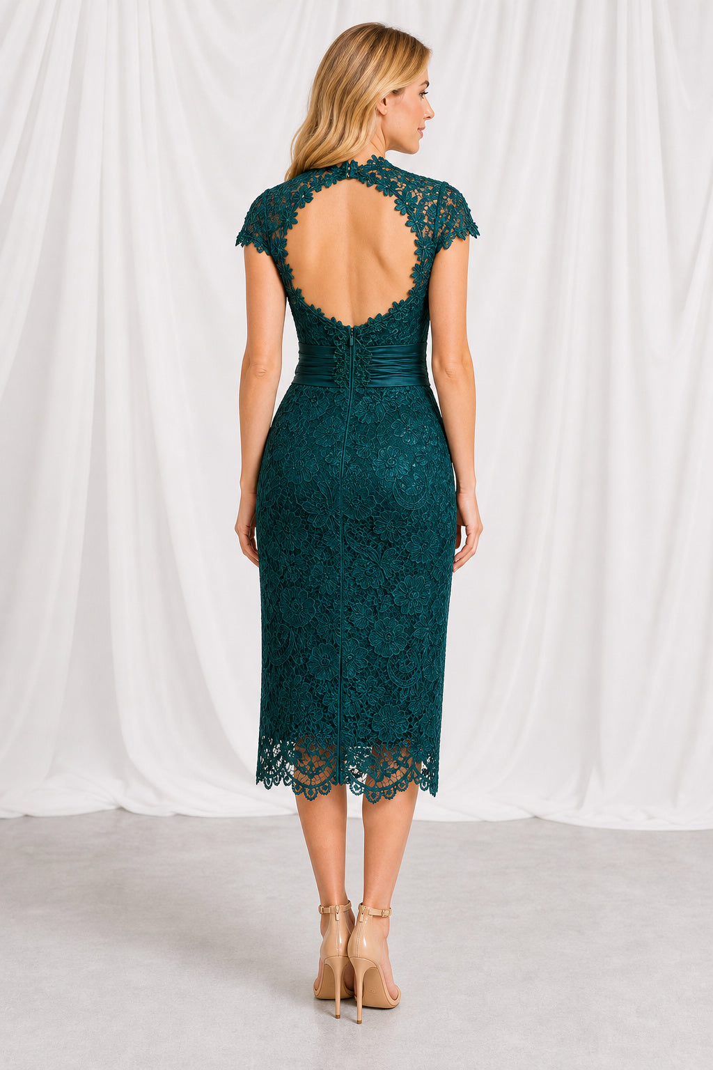 Teal Bateau Cap Sleeve Sheath Lace Knee-Length Dress With Open Back