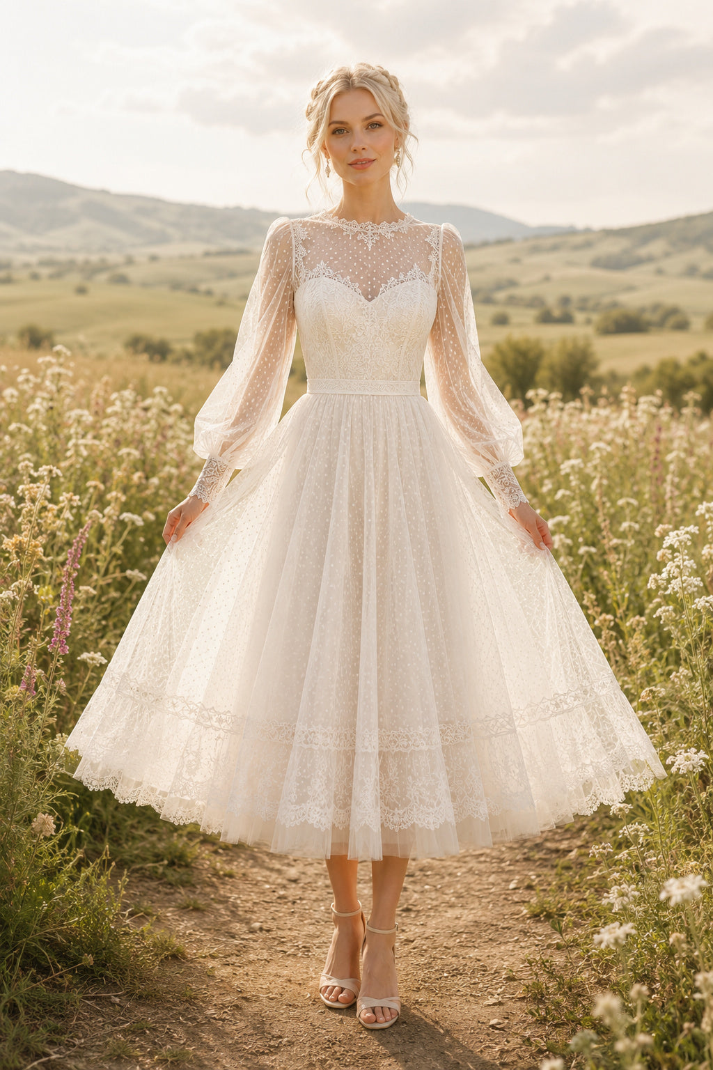 Ivory Bateau Long Sleeve Applique Tulle Tea Length Wedding Dress for Wedding Reception and Party front view