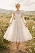 Ivory Bateau Long Sleeve Applique Tulle Tea Length Wedding Dress for Wedding Reception and Party front view