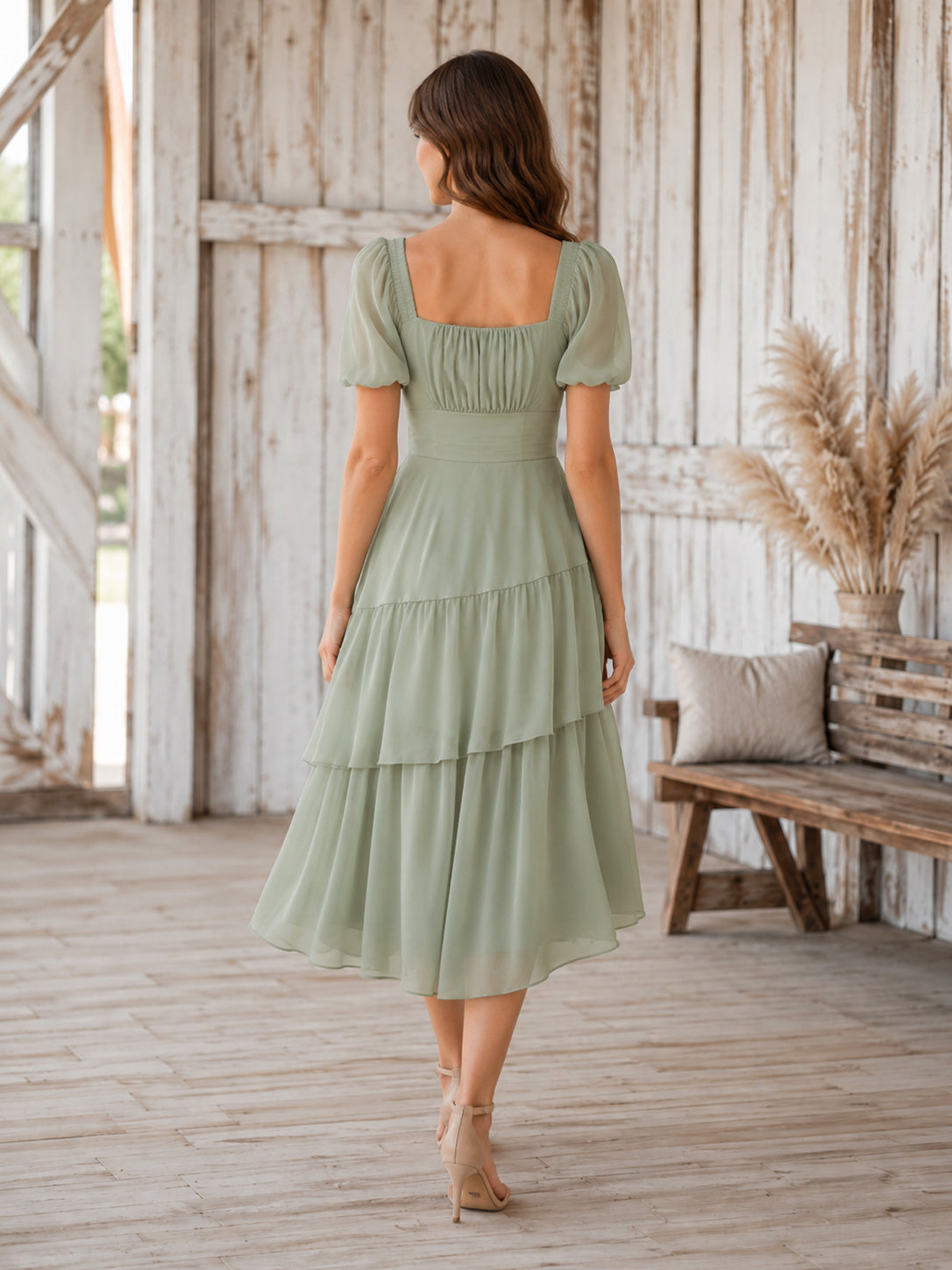 Sage Square Neck Tiered Chiffon Country Bridesmaid Dress back view