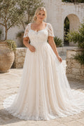 Ivory Plus Size Short Sleeve Lace A-Line Wedding Dress with Square Neck and Soft Train front view