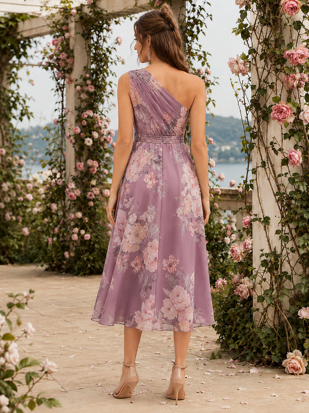 Mauve One Shoulder Floral Chiffon Garden Midi Dress back view