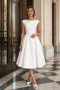 Bateau Tea-Length Satin A-Line Wedding Dress with Button Back front view